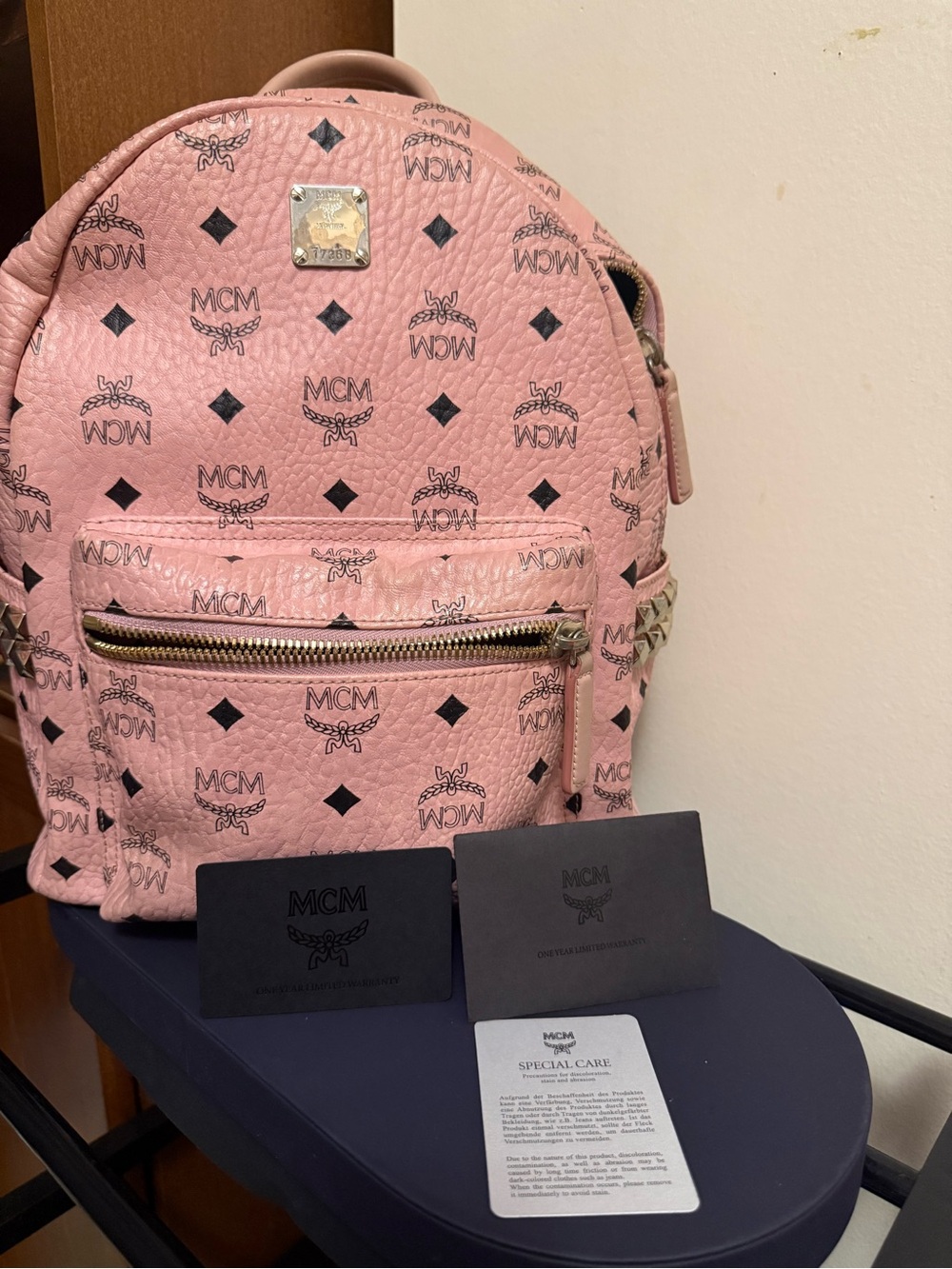 MCM Pink Logo-Print Stark Mini Backpack with Gold Hardware